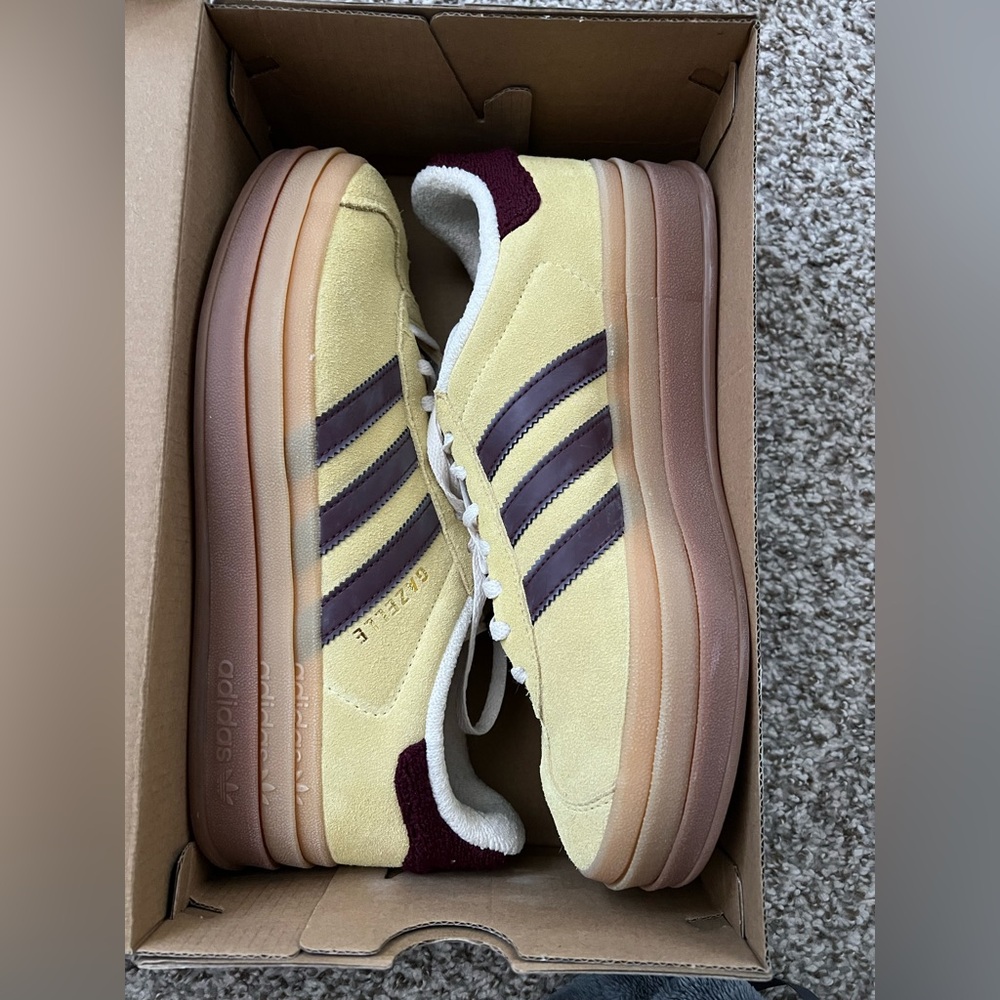 Adidas Gazelle Bold Pale Yellow and Maroon Sneakers